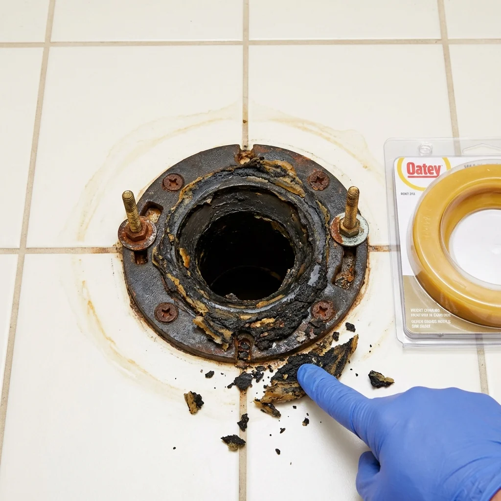 Failed wax ring showing water seepage at the base of a toilet in a Saint Joseph, MI home