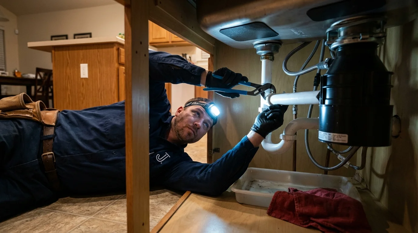 P-trap and supply line connections under a kitchen sink showing a common leak point in Saint Joseph, MI